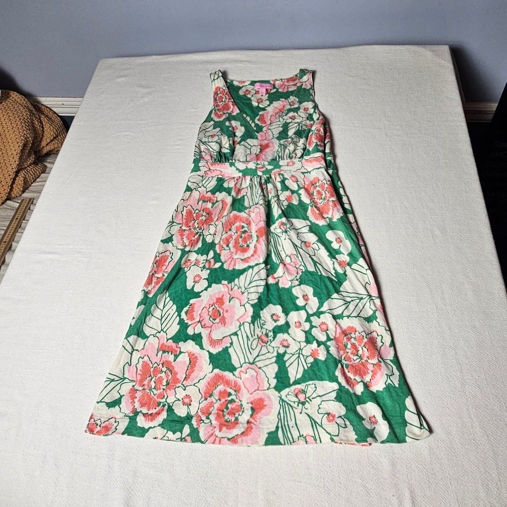 Lilly Pulitzer Silk Cotton Floral V-Neck Empire Waist Dress Green Pink XS